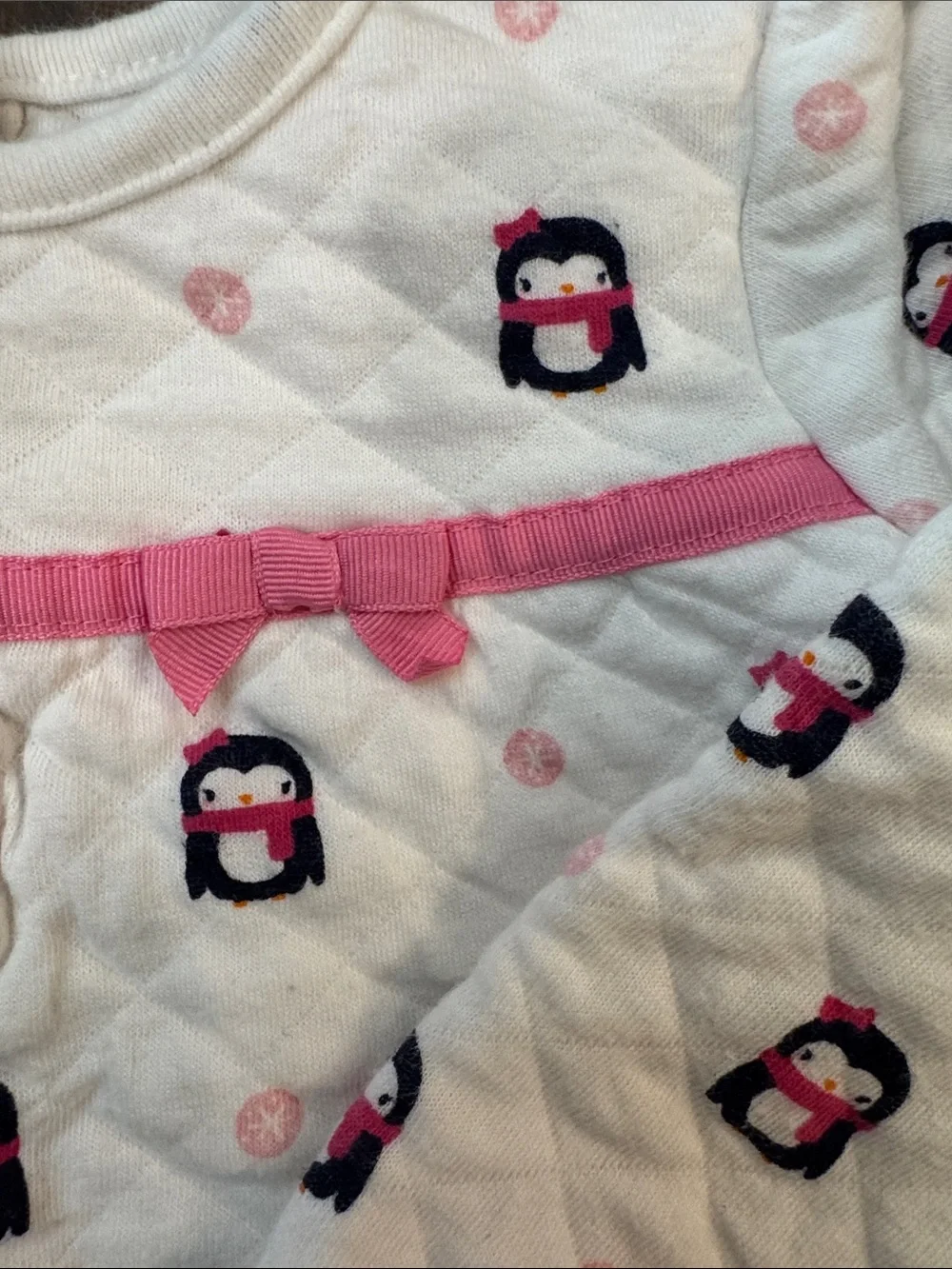 Gymboree White Quilted One Piece Loungewear with Pink & Navy Penguin Print